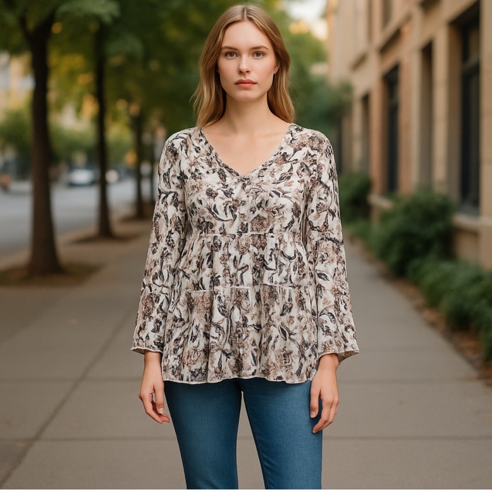 Lucky Brand Relaxed Ruffled Blouse Black and Brown